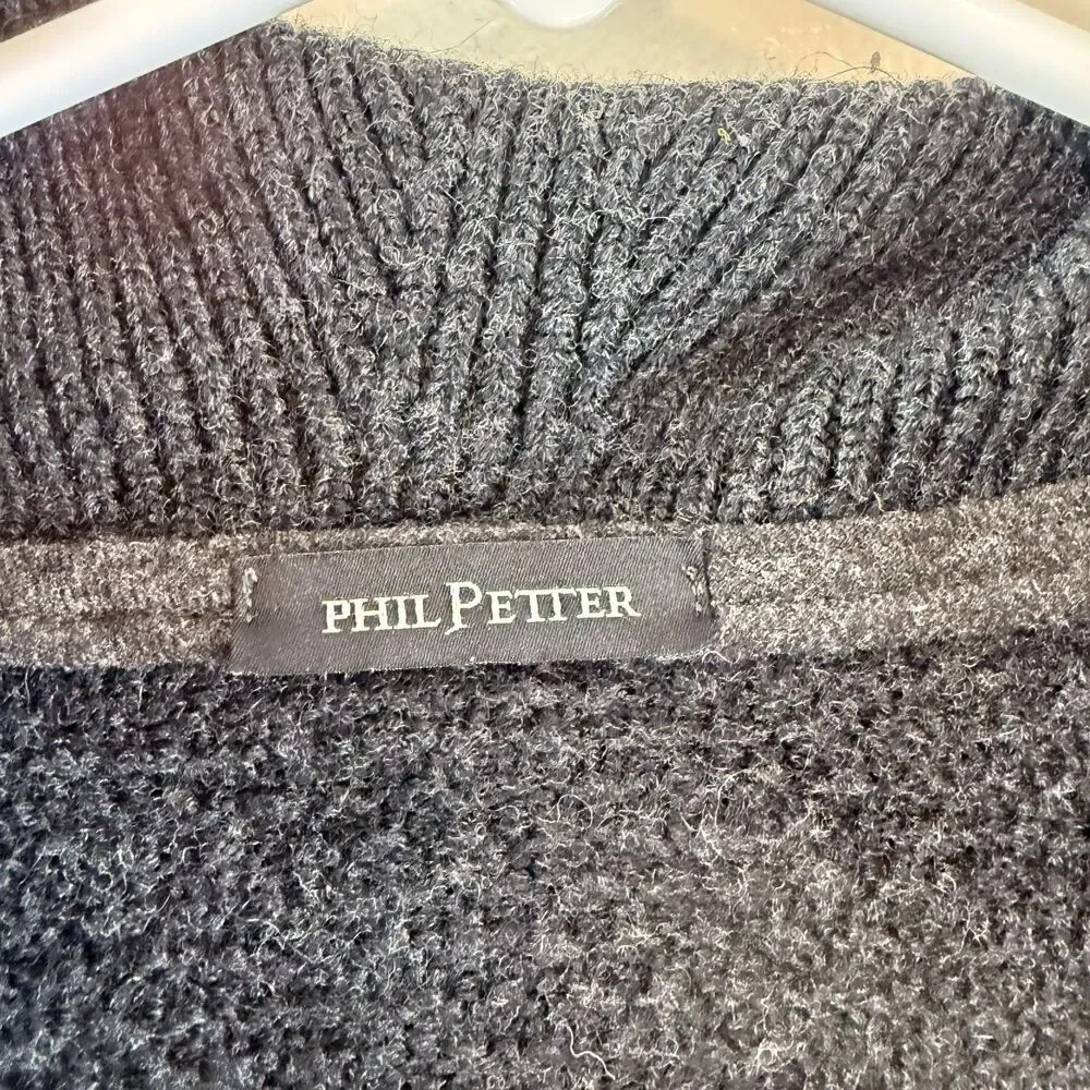 PHIL PETTER Cardigan Sweater Cableknit Fisherman Gray Merino Wool Men Size L